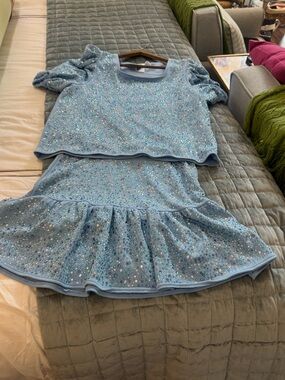 QUEEN OF SPARKLES Light Blue Sequin Two-Piece Top and Skirt
